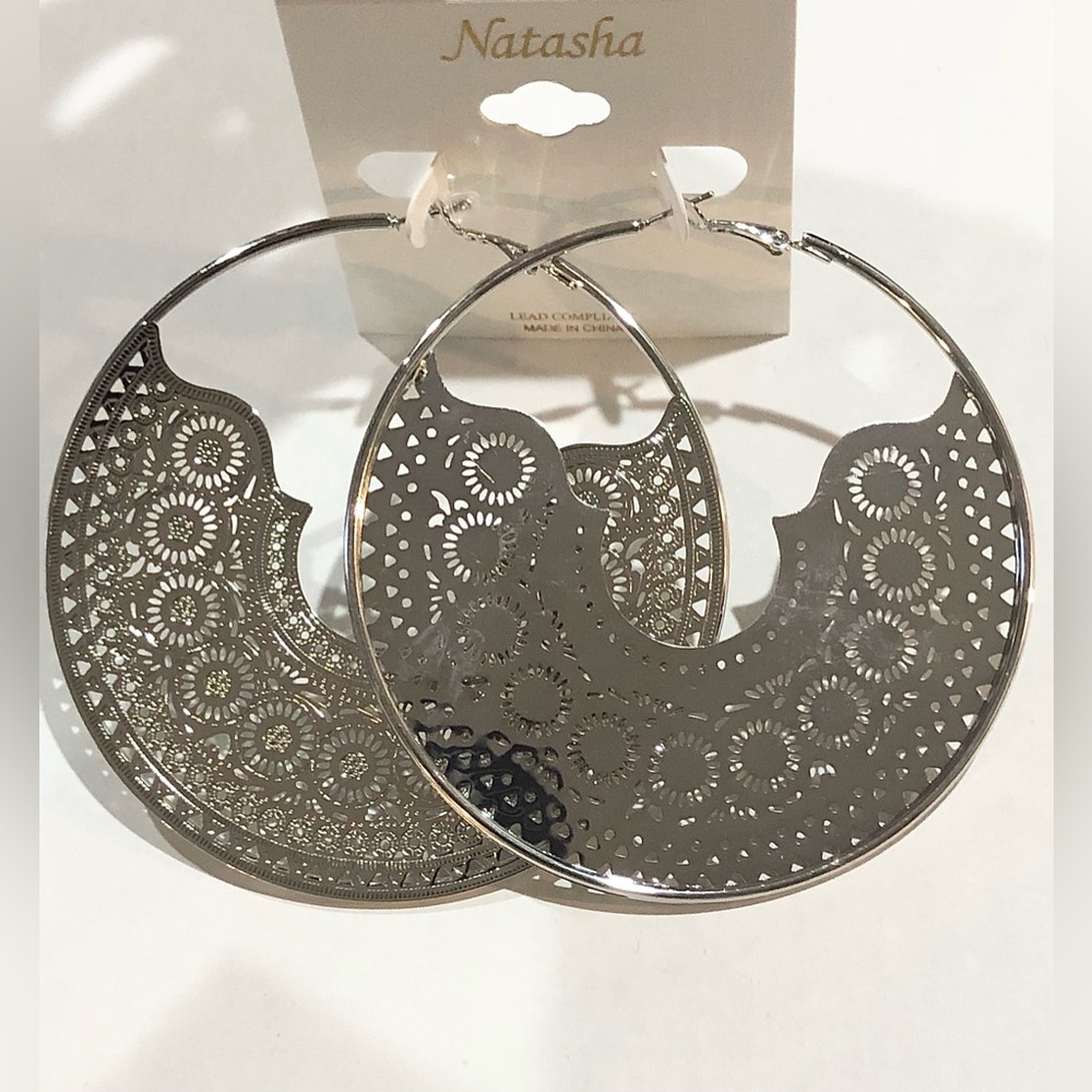 Natasha silver plated oversized filigree style disc hoop earrings brand new‎